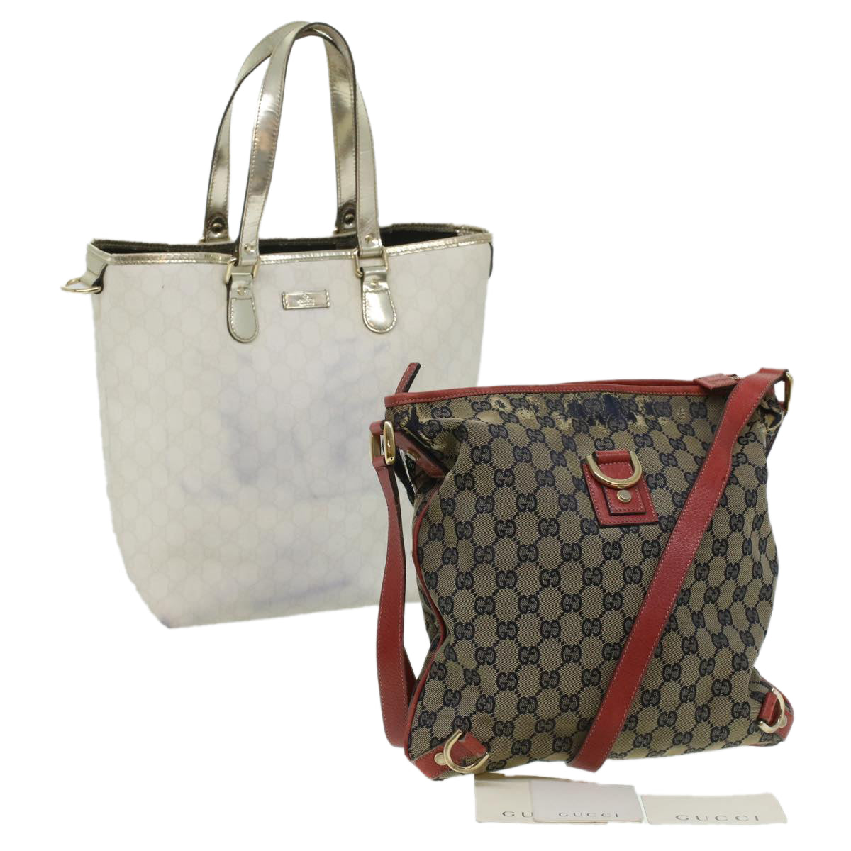 GUCCI GG Canvas Shoulder Tote Bag PVC Leather 2Set White Navy Red yt962